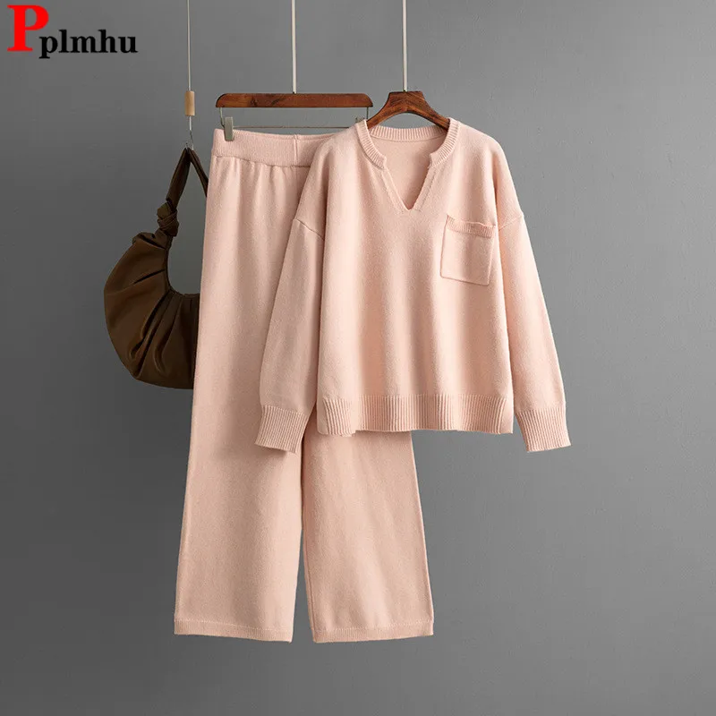 

Solid Loose Knitted 2 Piece Sets Women V-neck Long Sleeve Sweater Pullover Tops Conjuntos High Waist Straight Pants Outfit New