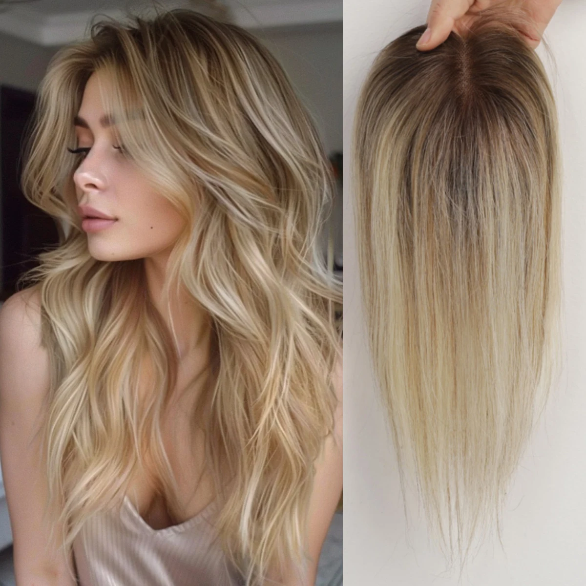 

Золотисто-коричневый балаяж, 12-дюймовый прямой топпер из натуральных волос с центральным пробором и кружевной основой, на заколках, 100% Реми-волосы для женщин