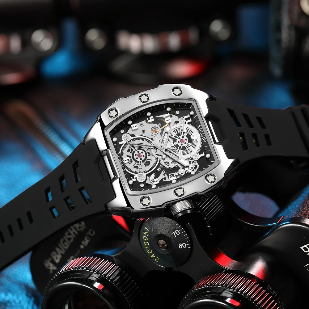 MEGIR Fashion Sport Custodia in lega da uomo Orologio meccanico Cinturino in silicone impermeabile Quadrante a forma di botte Puntatore luminoso Orologi da polso da uomo