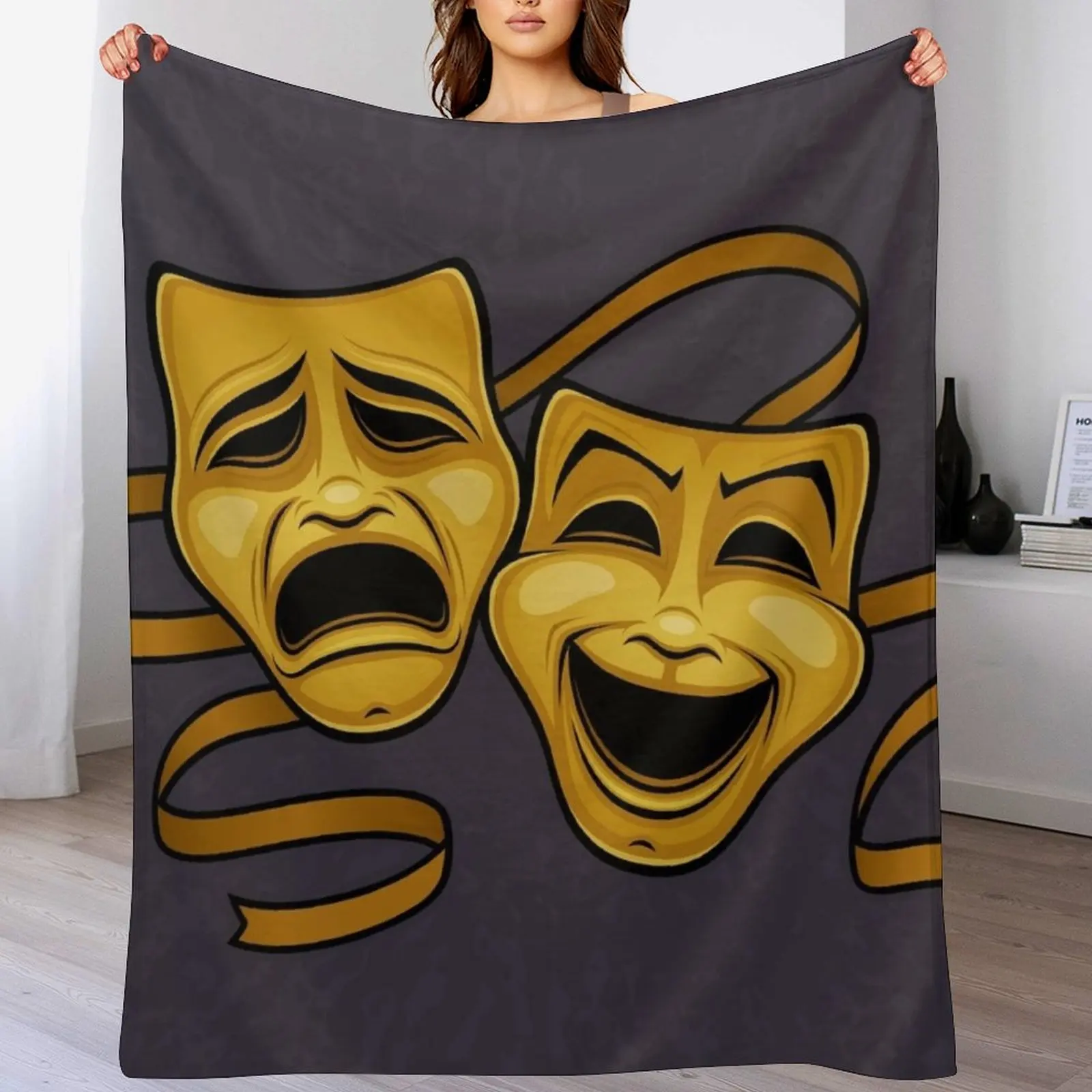 Gold Comedy And Tragedy Theater Masks Throw Blanket