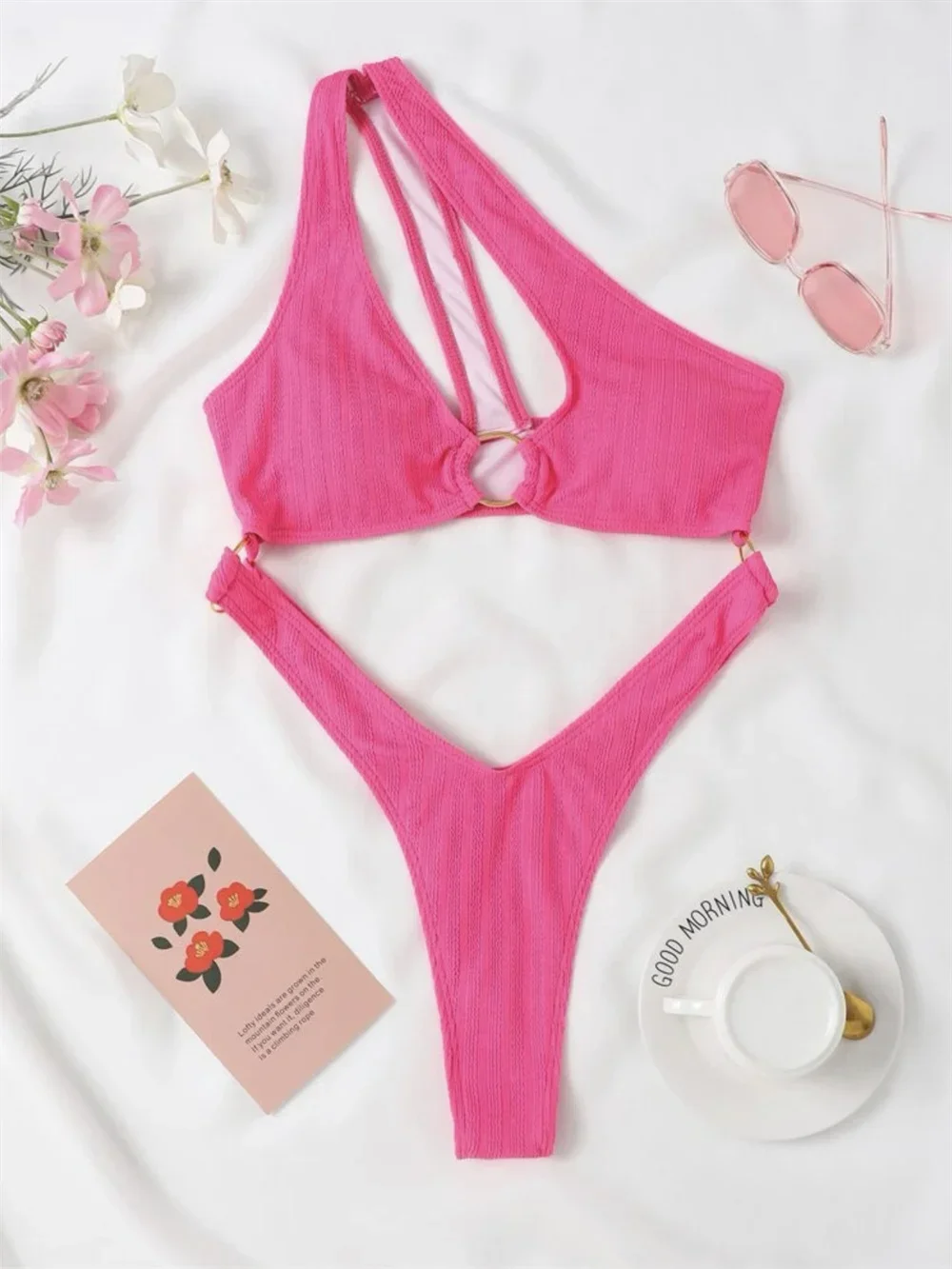 

Sexy Rings Bandage Bikini High Leg Hollow Out Monokini One-shoulder Swimsuit Women Swimwear Irregular Beach Outfit Bathing Suits