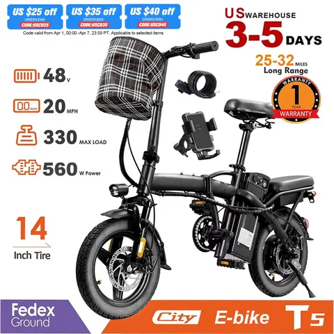 Adult and Adolescent Electric Bicycles, 20MPH, 560W Motor, 48V Detachable Battery, 14 inch Folding Electric Bicycle, Up to 25-32 Miles Long, Commuter Electric Bike