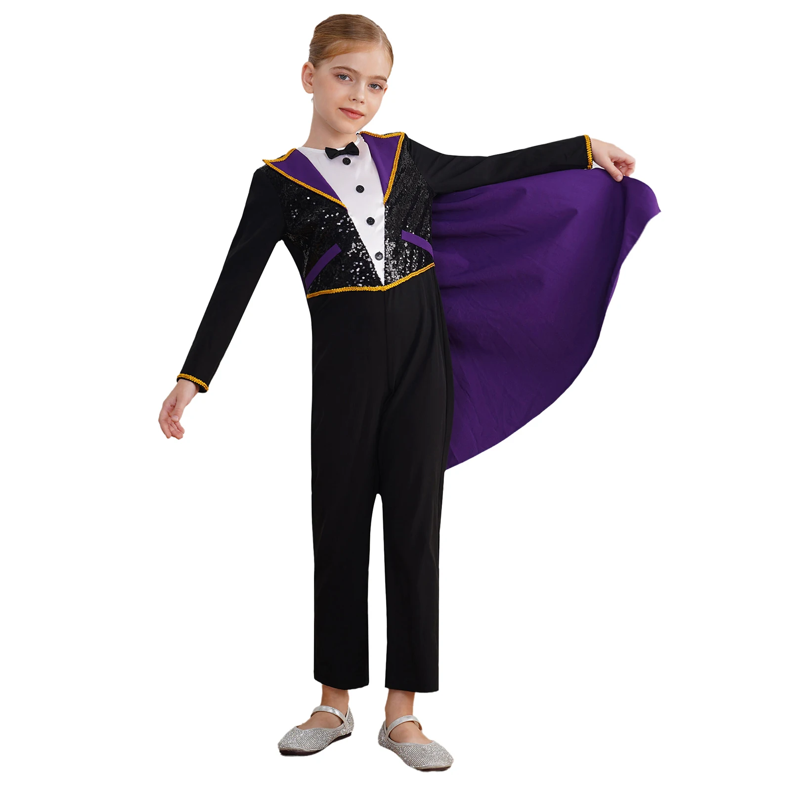 Kids Magician Costume Halloween Carnival Circus Cosplay Performance Jumpsuit Long Sleeve Shiny Sequins Bowtie Bodysuit with Cape