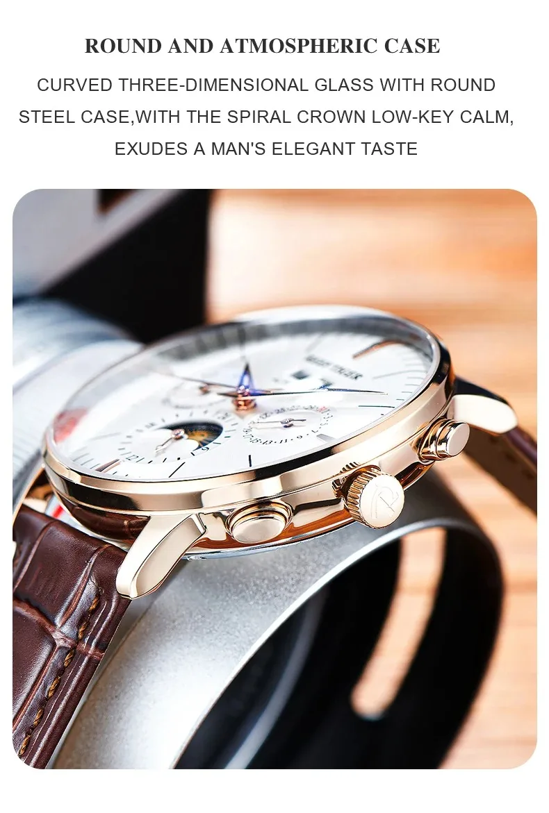 Reef Tiger Men นาฬิกาอัตโนมัติ 42 มม.นาฬิกาข้อมือ 50M กันน้ํา LumeSapphire Mirror Multi-Dial เดือนสัปดาห์วันที่