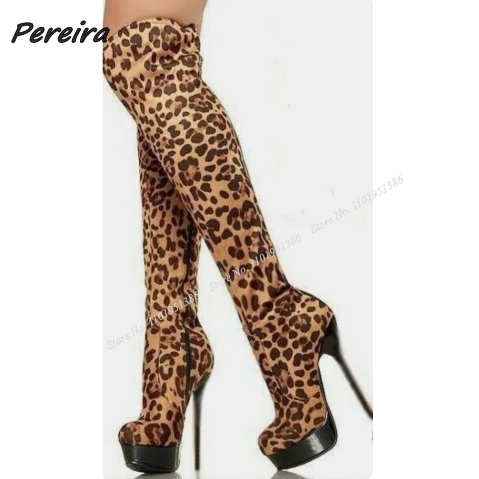 

Pereira Leopard Spike Heel Platform Boots Side Zipper Over the Knee Round Toe Shoes for Women High Heel New Zapatillas Mujer