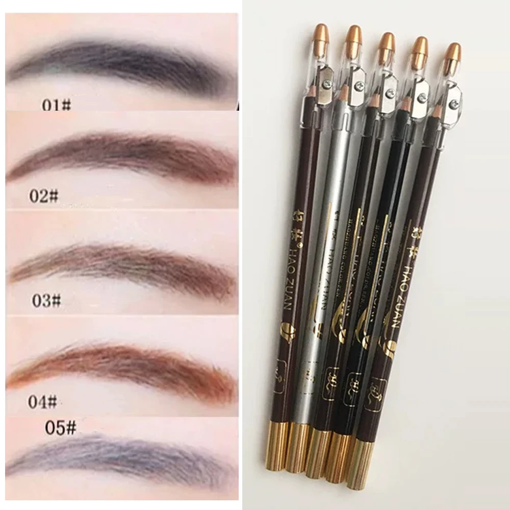 Wooden Eyebrow Pencil Easy Coloring Smooth Makeup Multi-Use Beard Edge Hairline Black Dark Brown Eyeliner Pencil With Sharpener