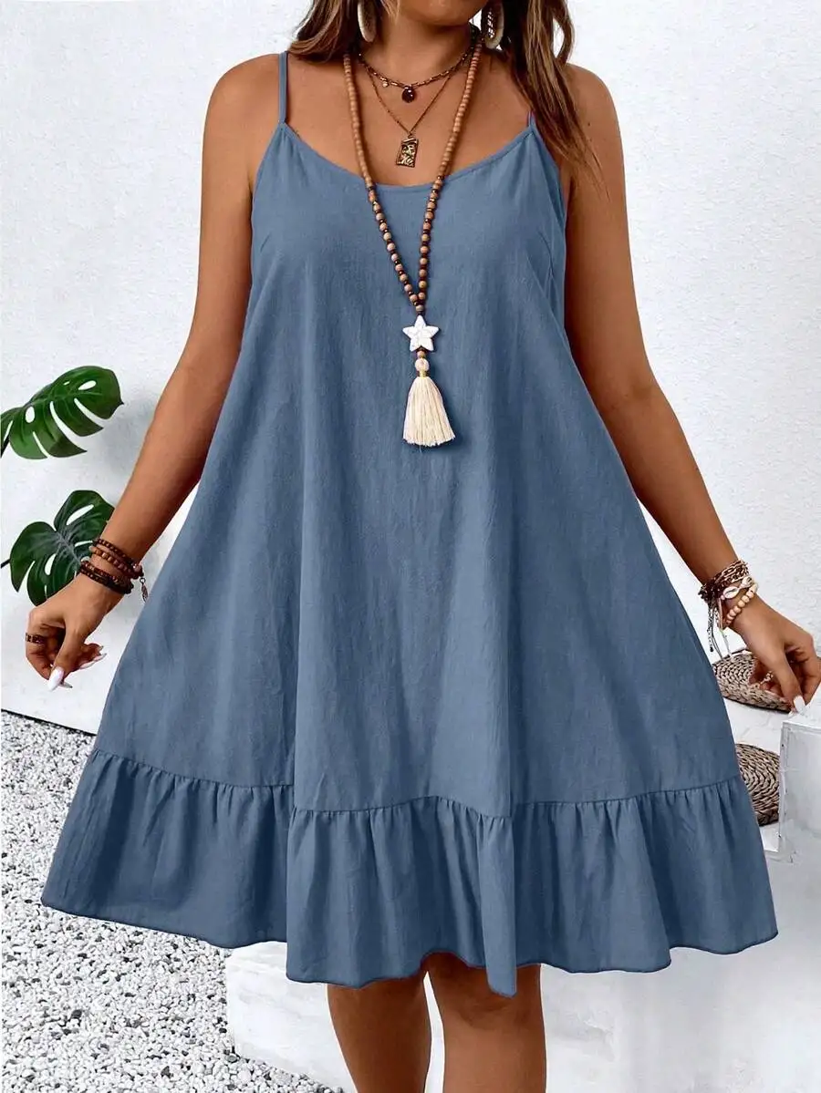 

Plus Size Solid Color Ruffle Hem Cami Dress For Women Summer