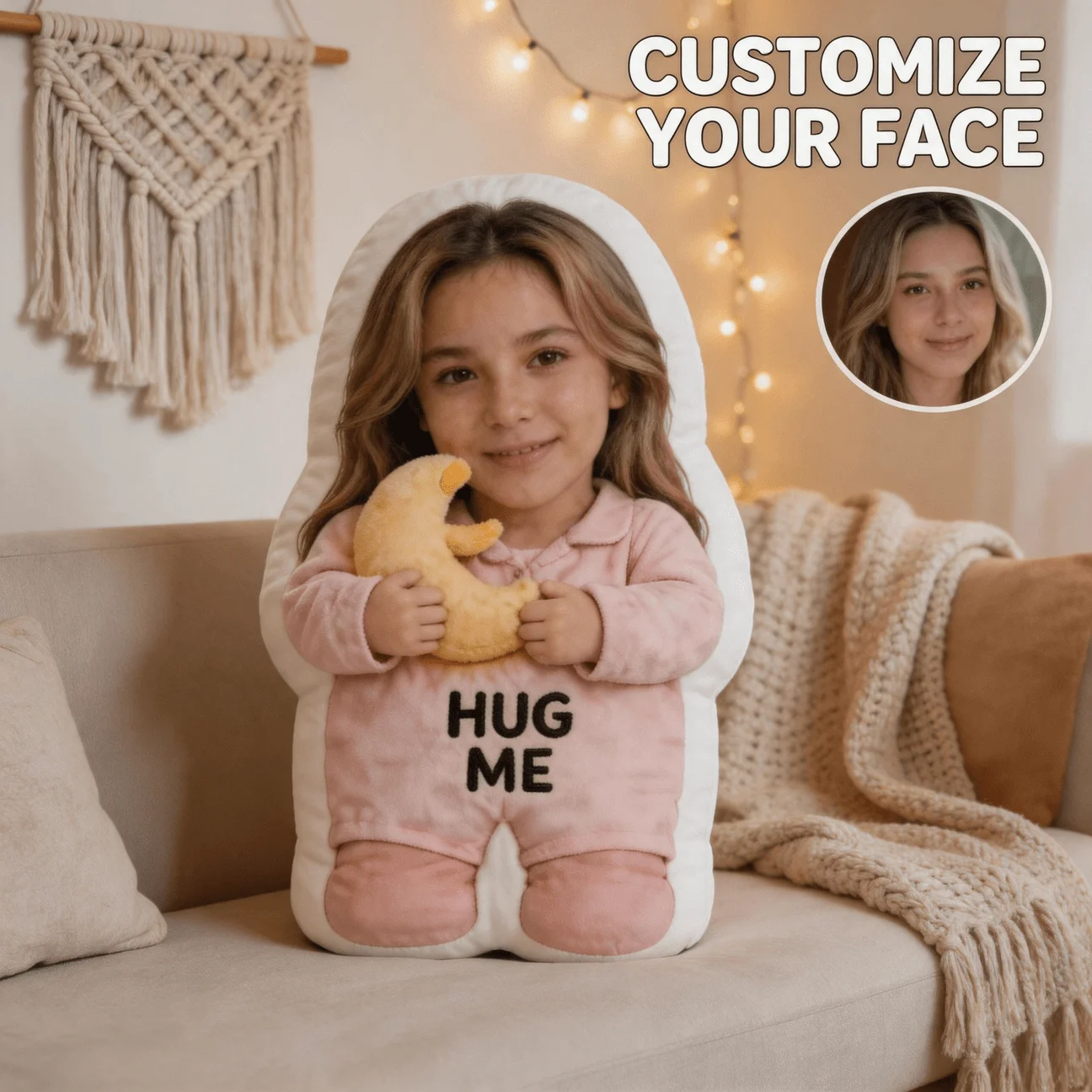 Custom Personalized Photo Face Pillow, Smiling in Pink Outfit Custom Shaped Decorative Cushion, 60CM Home Decor Accent Pillow fo