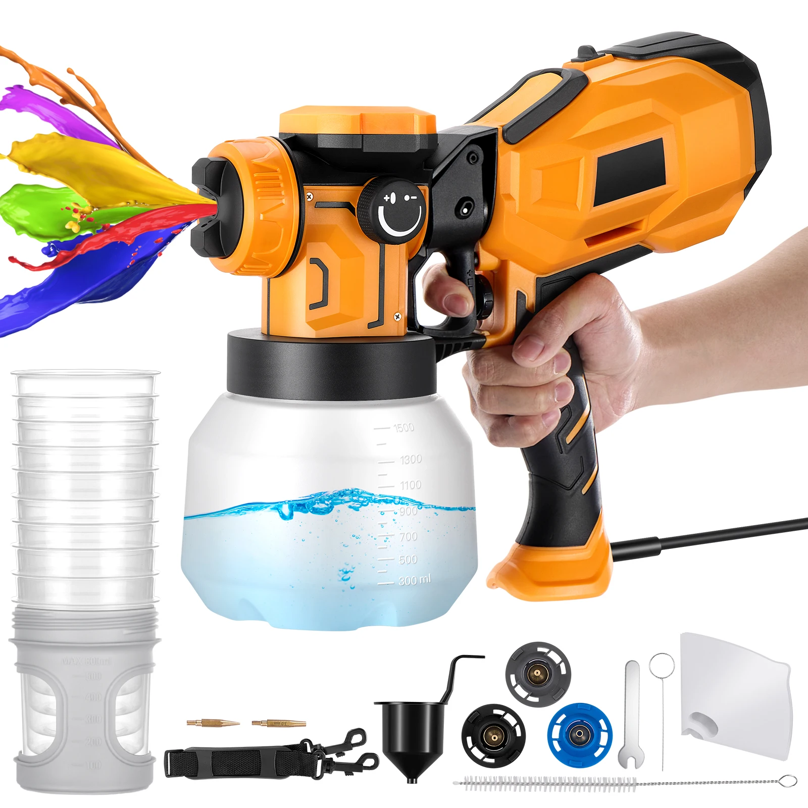 Paint Sprayer 1000W Electric HVLP Spray Paint Gun with 1500ML Cup & 10 Disposable Cups 3 Brass Nozzles & Spray Patterns for Furniture Fence DIY Painting