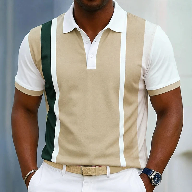 Camisa Polo Masculina de Verão com Estampa Listrada, Manga Curta, Respirável, Estilo Empresarial, Colarinho de Alta Qualidade