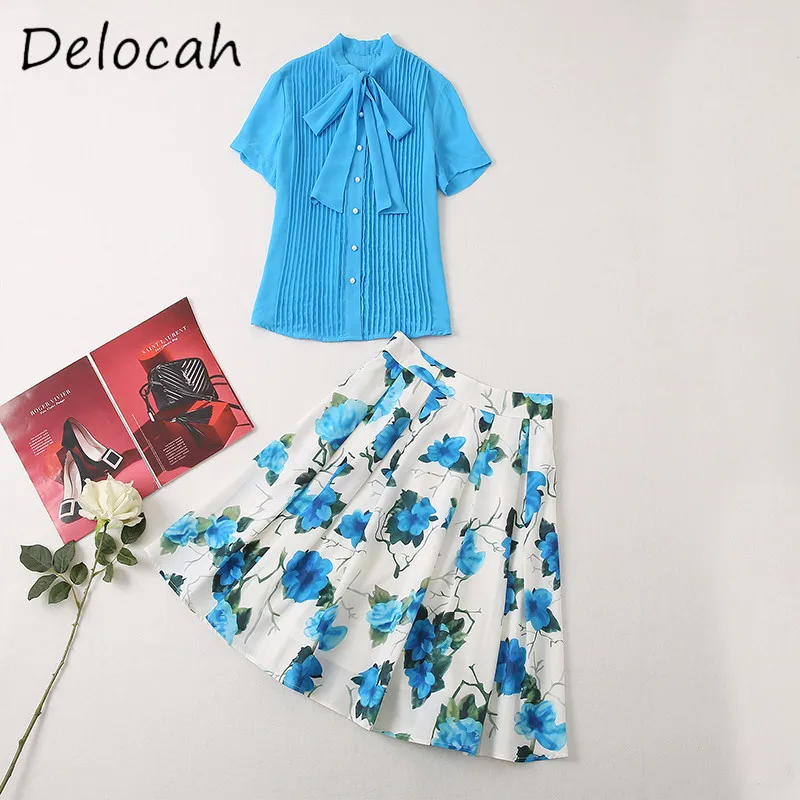 Deloach Frühjahr/Sommer Neue frauen Stehkragen Bogen Einreiher Handgemachte Gestreiften Top Hohe Taille Rose Gedruckt Halb rock Set