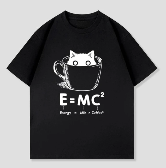 Asian Size T Shirt Cute Cat E=MC² Milk Coffee Short-sleeved T-shirt Top Unisex Funny Science Cat Graphic Casual Tee for Women