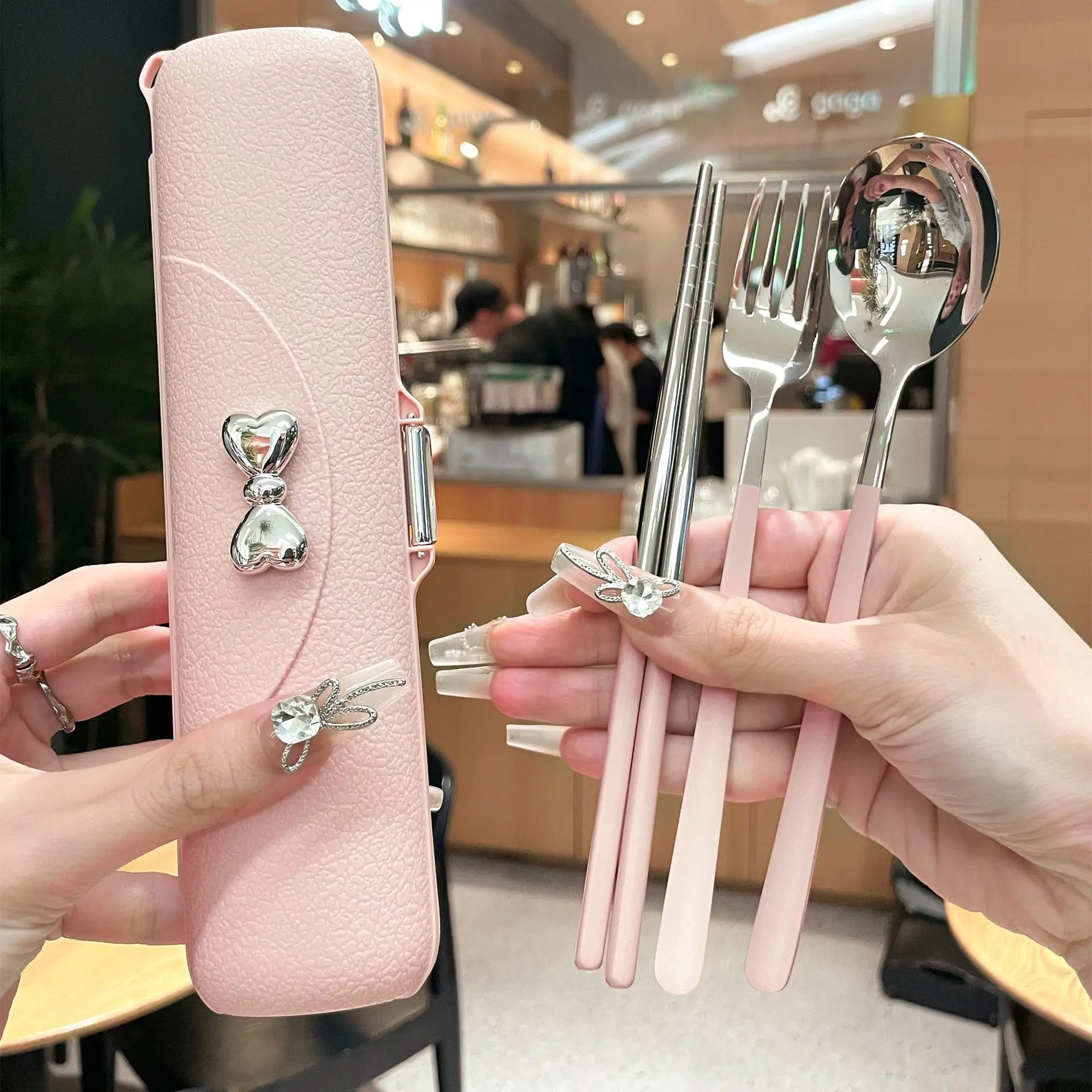 Girls Portable 304 Stainless Steel Cutlery Set Reusable Travel Utensils including Chopsticks Fork Spoon - Eco-Friendly Dining Se