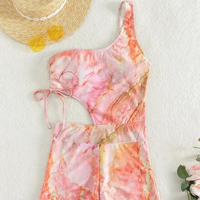 KNOWDREAM One Piece Swimsuit Beach Swimwear Sexy Wax printing Single shoulder Summer  Push Up Women's Swimming Bathing Suits