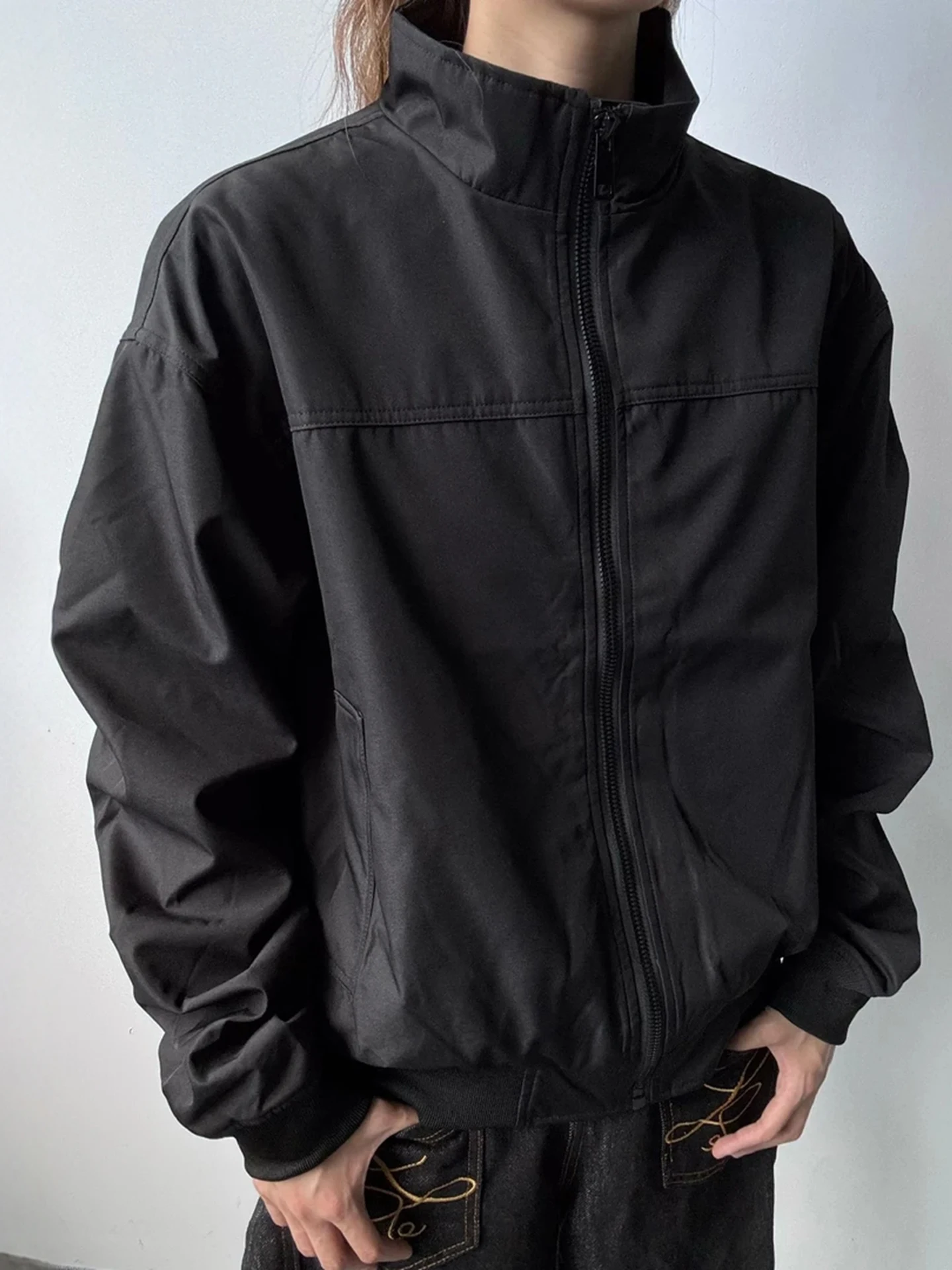 

Мужская рабочая одежда Pure Bla Jaet, американская футболка с воротником-стойкой, уличная бейсбольная футболка, уличная одежда в стиле ретро, застежка-молния