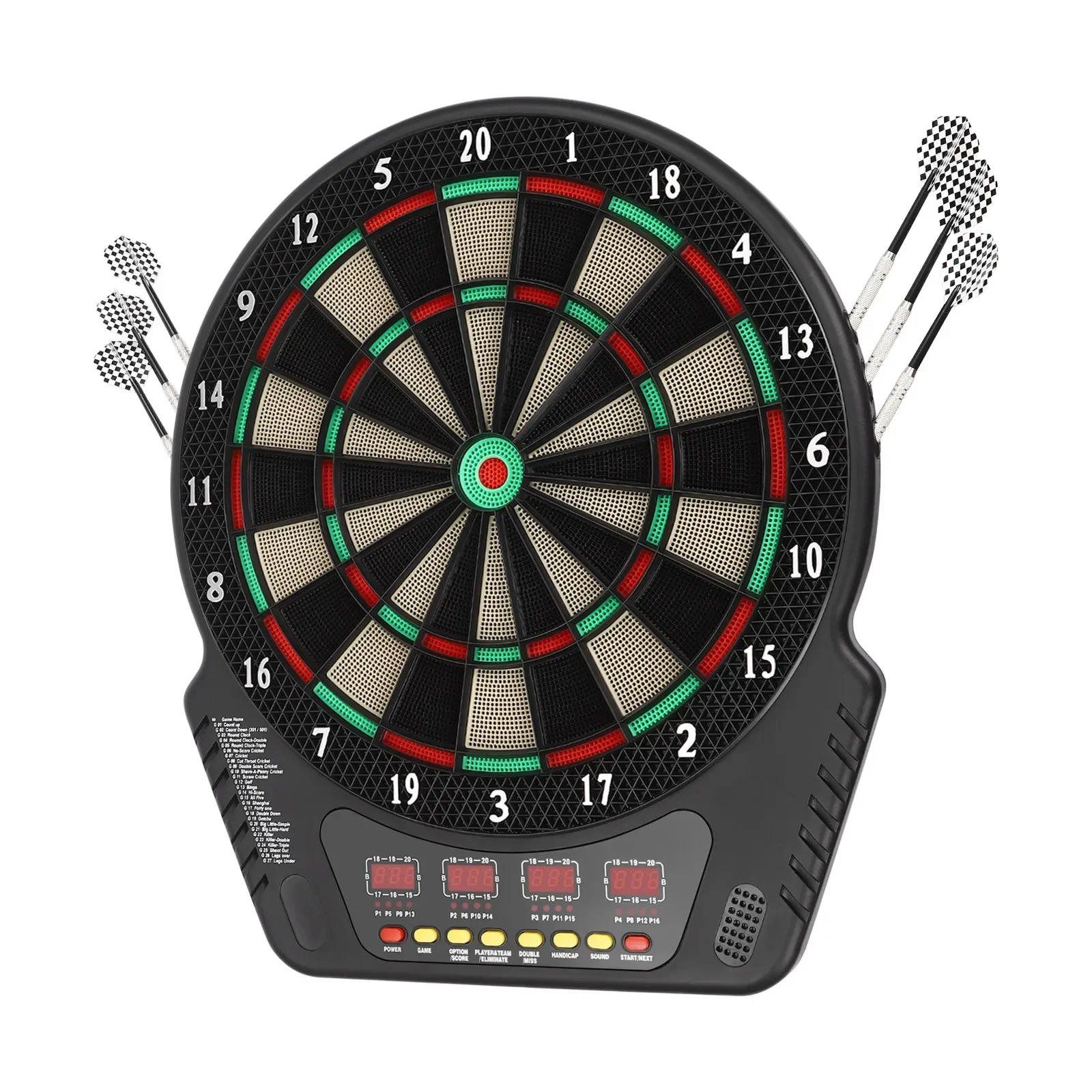 

Electronic Dart Board, Electronic Scoreboard with 27 Players 4 LED Screens Supports Up to 16 Players Dual Power Supply Dart Boar