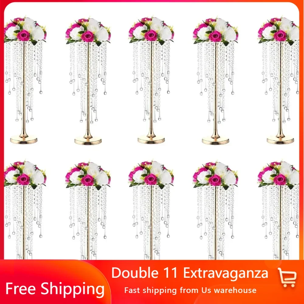 Wedding Table Flower Stand, 21.6-inch 10 Piece Bead Crystal Center Table Decoration Gold Vase, Wedding Decoration