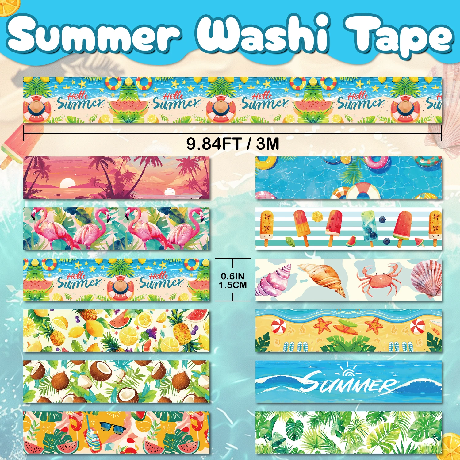 Summer Washi Tape Set,12 Rolls Hawaii Beach Holiday Decorative Tape Flamingo Tropical Leaves Coconut Watermelon Pineapple