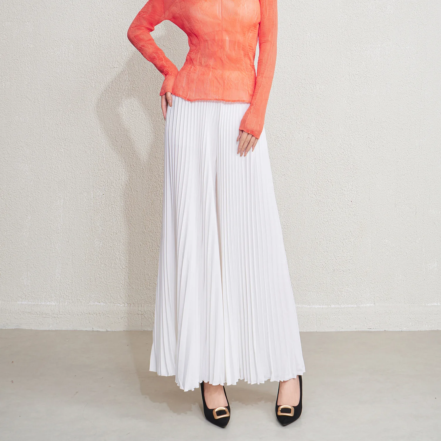 Miyake Pleated 2025 New Spring Fashionable Pleated Wide-legged Trousers Women Elastic High Waist Draping Long Casual Culottes