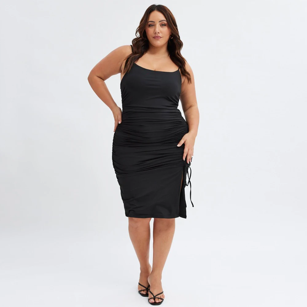 

Black Plus Size Dresses For Occasions Simple Spandex Pleat Side Fork Bespoke Occasion Gown Sheath Spaghetti strap Midi Dresses