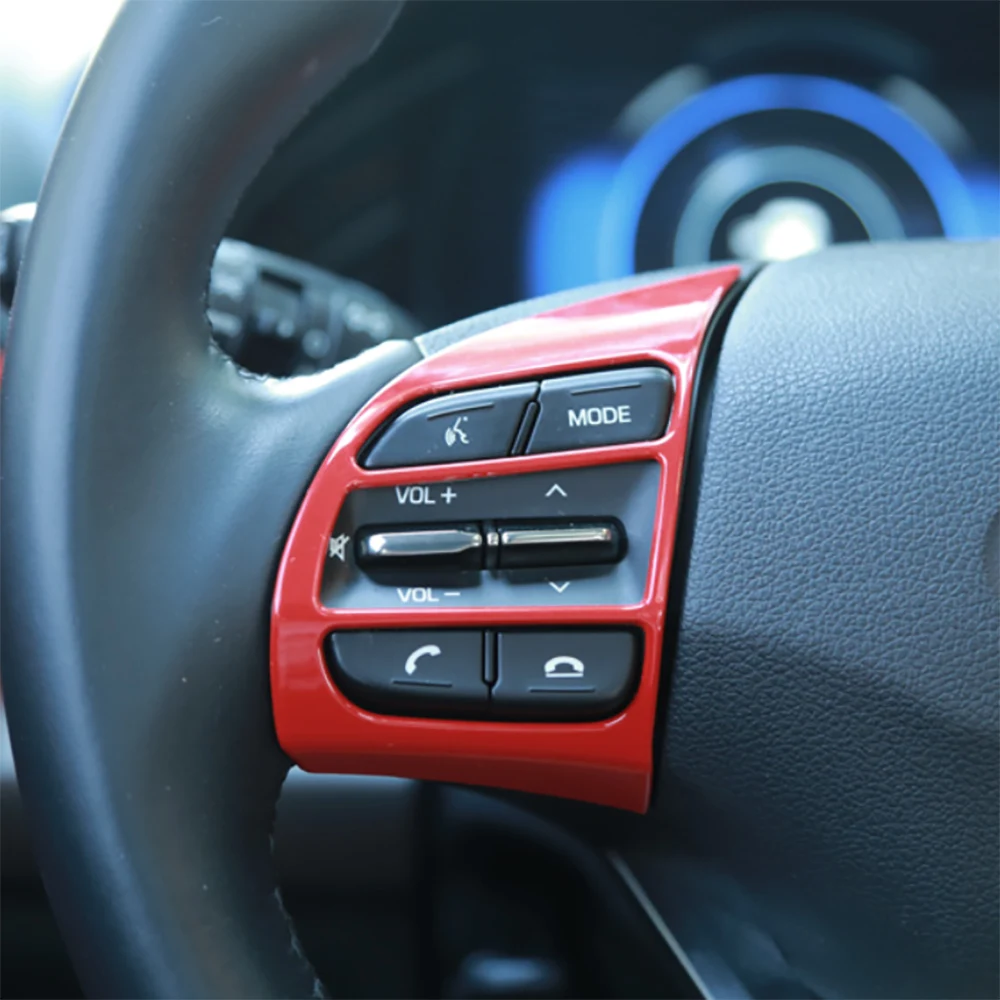 Car Accessories Carbon Fiber Look Steering Wheel Button Bezel Molding Sticker For Hyundai Kona 2018 2019 2020 2021 2022
