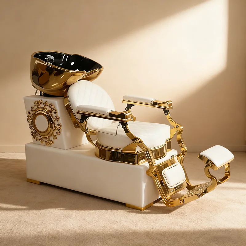 Luxury Barbershop Furniture Reclining Head Treatment Washing Chair Modern Beauty Salon Shampoo Chair with Ceramic Basin