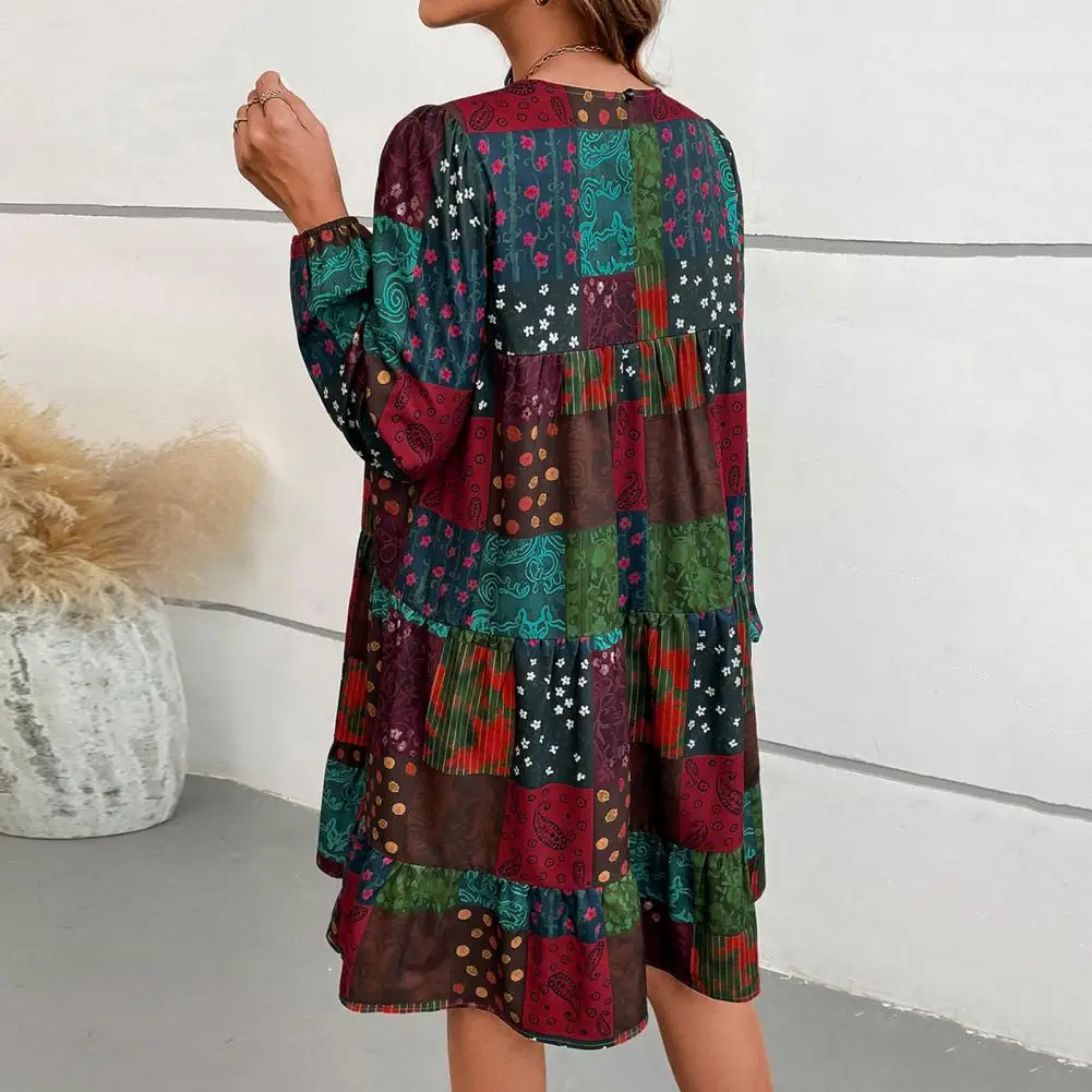 Soft Long Sleeve Dress Long Sleeve Dress Colorful Print Long Sleeve Boho Dress A-line Ruffle Swing Style for Women's Fall/spring