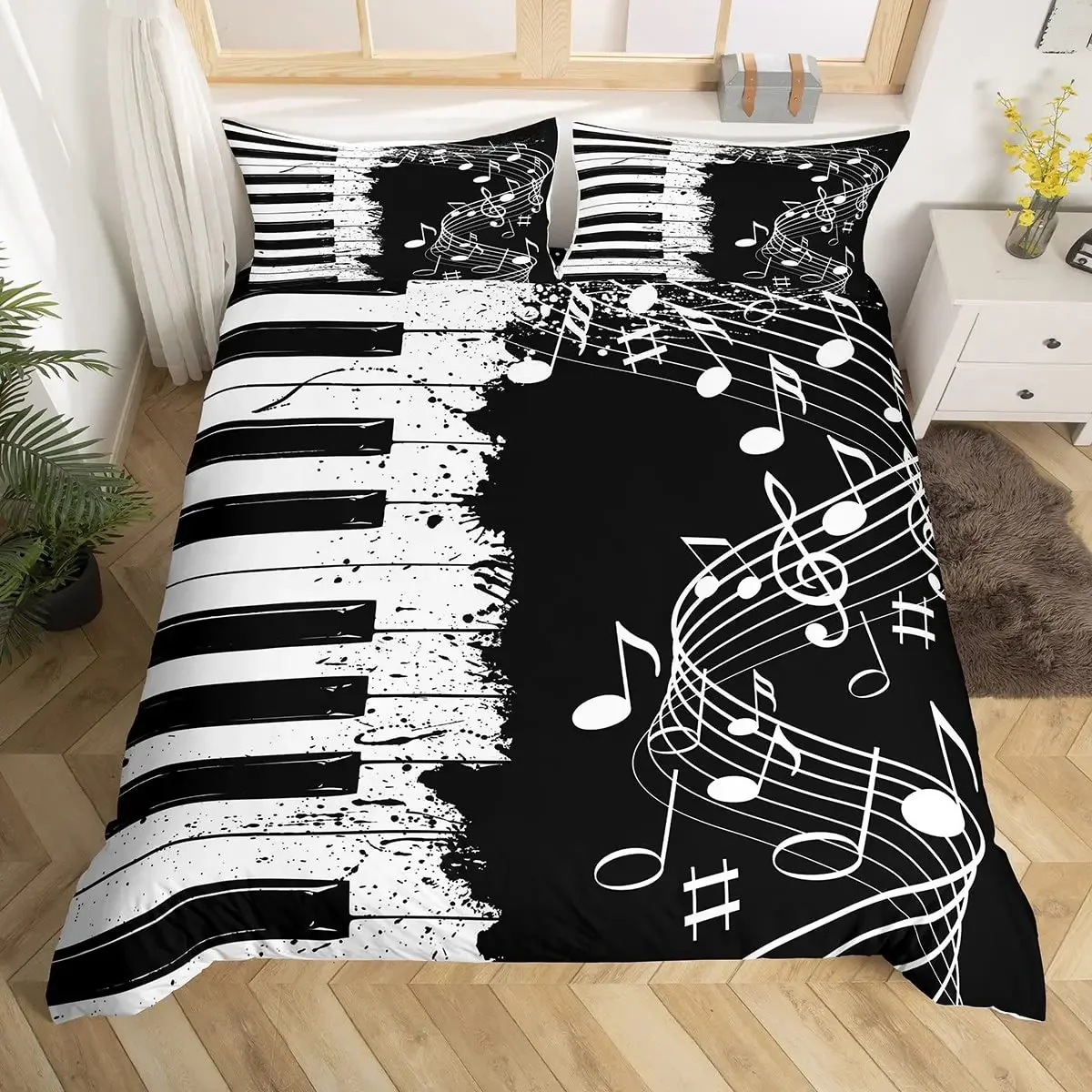 Piano Keys Duvet Cover Set Rotating Musical Notes Bedding Set Tie Dye Bedding Set Retro Music Comforter Cover Bedclothes Queen