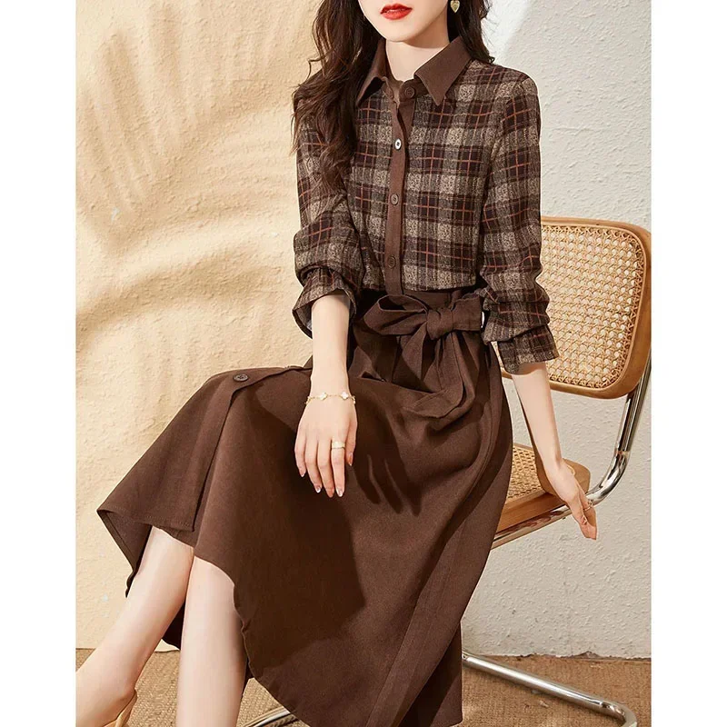 

Elegant Lapel Spliced Plaid Button Bandage Midi Dress Women's Clothing Autumn Winter Loose Office Lady Ladies Dresses CY415