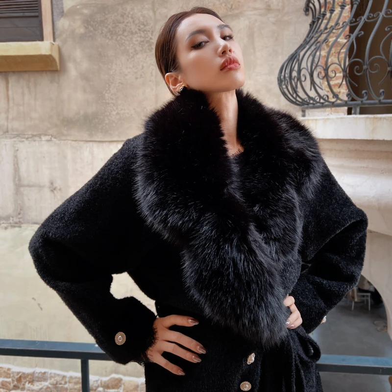 

2025 Winter Black Faux Fox Fur Collar Coat Women - Loose Design Flattering Fit Outerwear Warm Elegant Style with Belt DM2DOT034