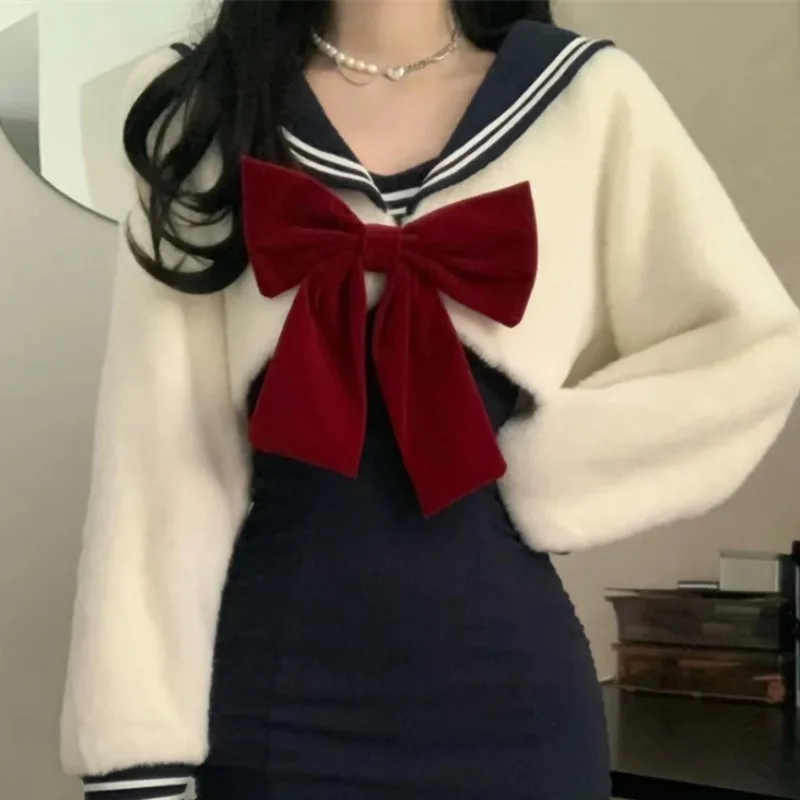 الخريف الشتاء Kawaii البحرية طوق القوس سترة الأزرق الداكن الحمالة تنورة Jk دعوى الملابس النسائية Y2k الحلو زي مدرسي 4XL