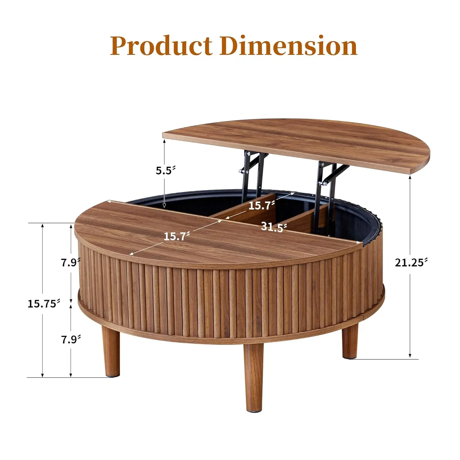 Okrągły stolik kawowy z podnoszonym blatem i schowkiem, stoliki kawowe w stylu mid-century modern z rowkowanym wzorem, do małych przestrzeni, drewniany blat 80 cm, możliwość personalizacji