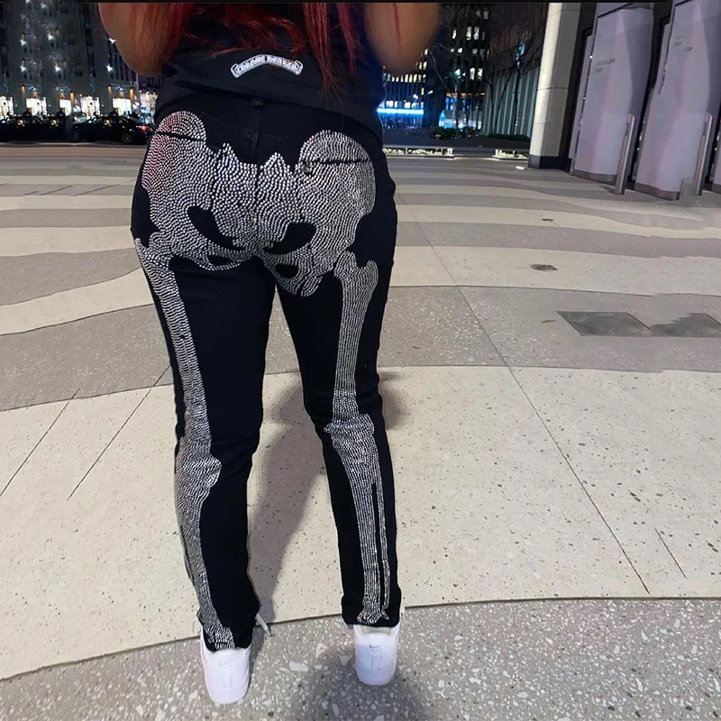 Men\'s Rhinestone Black Stretchy Jeans Skinny Slim Fit Hot Drill Letter Punk Streetwear Biker Trousers Man Denim Pencil Pants y2k