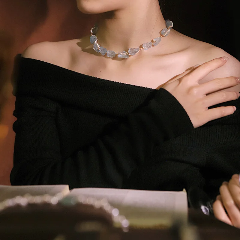 Women Elegant Clavicle Chain Natural Aquamarine Ocean Stone Pearl Combined Necklace Versatile Daily Wear Neck Decoration