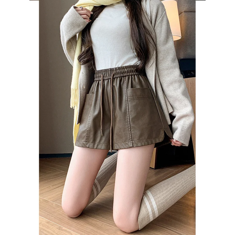 puLeather Wide Leg Shorts for Women Autumn and Winter2024New Outdoor Thick Boots Elastic Waist Loose High Waist Slimming Boot Pa