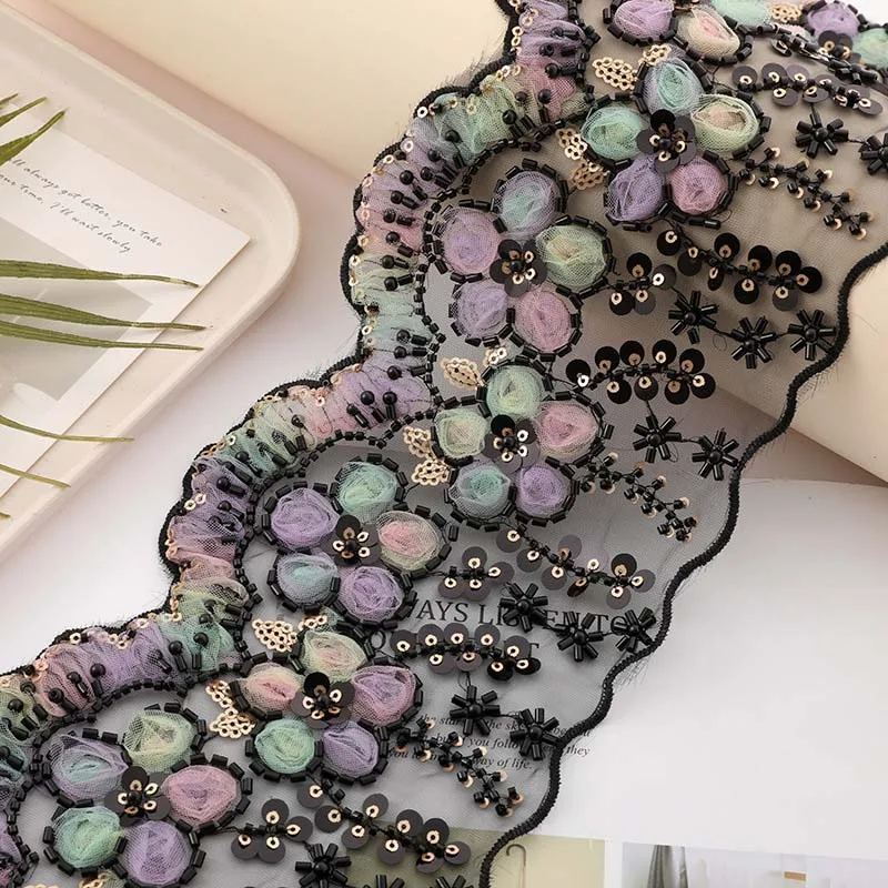 

10Yards 13cm wide 3D nail bead embroidery lace mesh sequin embroidery lace clothing skirt collar decoration accessory