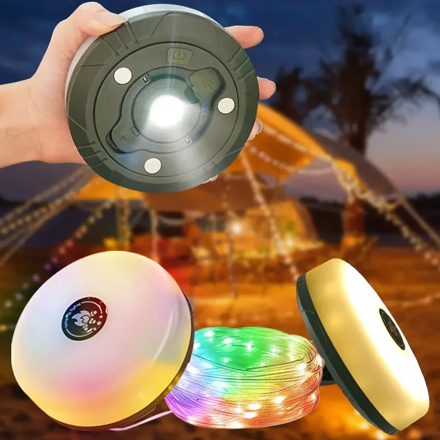 الطاقة الشمسية/USB شحن 10 متر طويلة مقاوم للماء قابلة للشحن LED التخييم ضوء التخييم سلسلة ضوء هوك ضوء 2 في 1 RGB الضوء المحيط