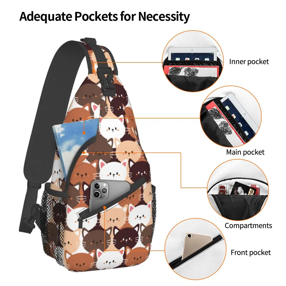 Cute Cartoon Cat Sling Bag Chest Crossbody Shoulder Sling Backpack Outdoor Hiking Daypacks Kawaii Kitties Casual Bag