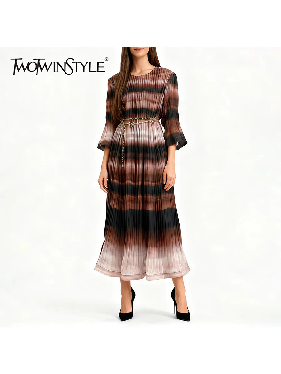 

TWOTWINSTYLE хит цвета сращенные полосатые модные платья для женщин с круглым вырезом и рукавами три четверти лоскутное платье с цепочкой женское