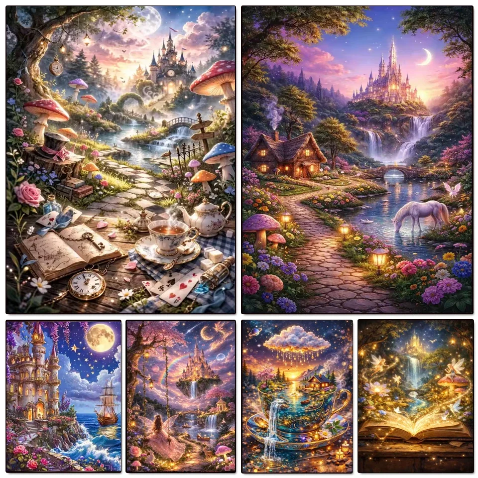 Canvas  Amazing Fairyland Landscape Full Square Round Canvas Art Kits    Home Decor Gift for Adult