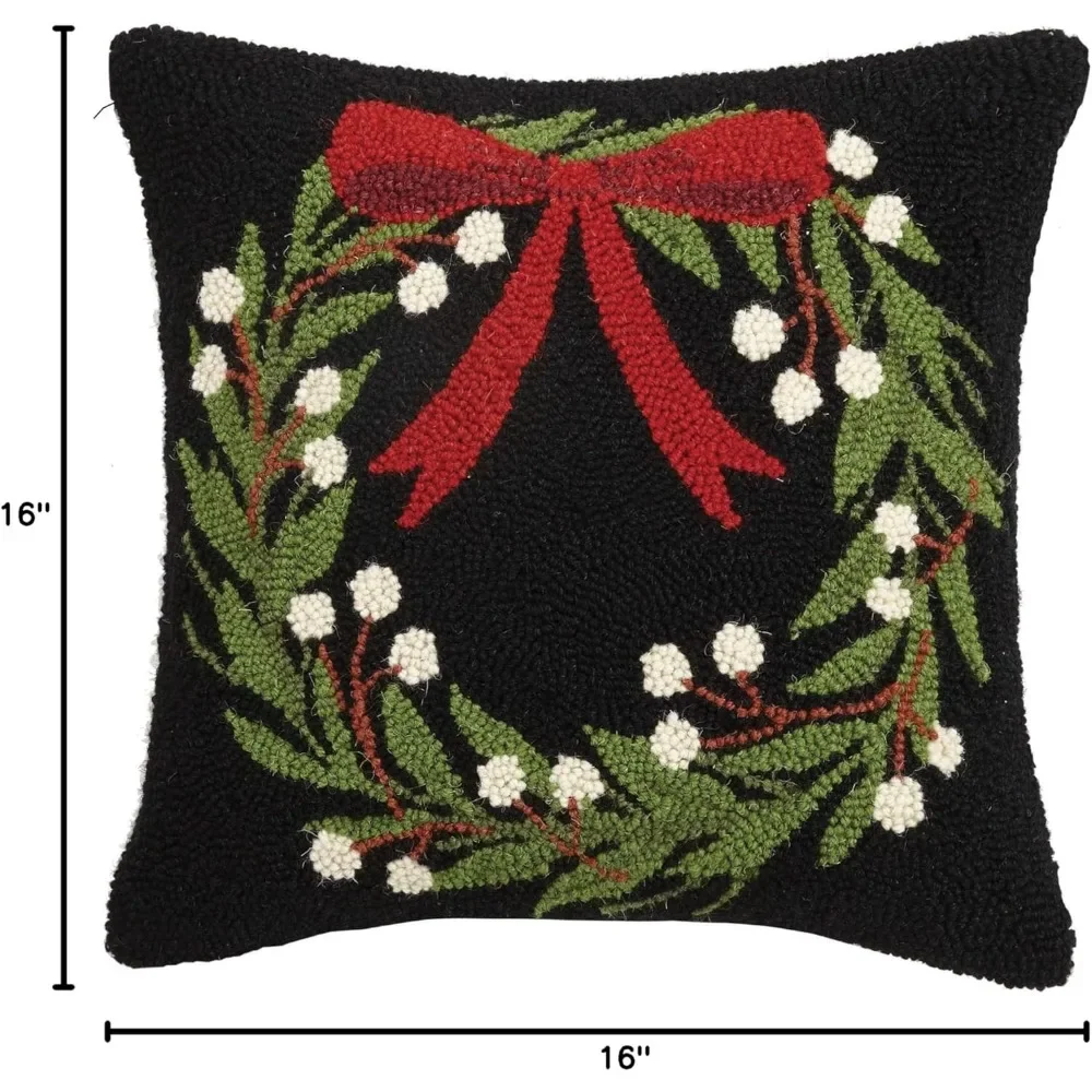 Wreath Holiday Hook Pillow - 16-inch Square Decorative Accent