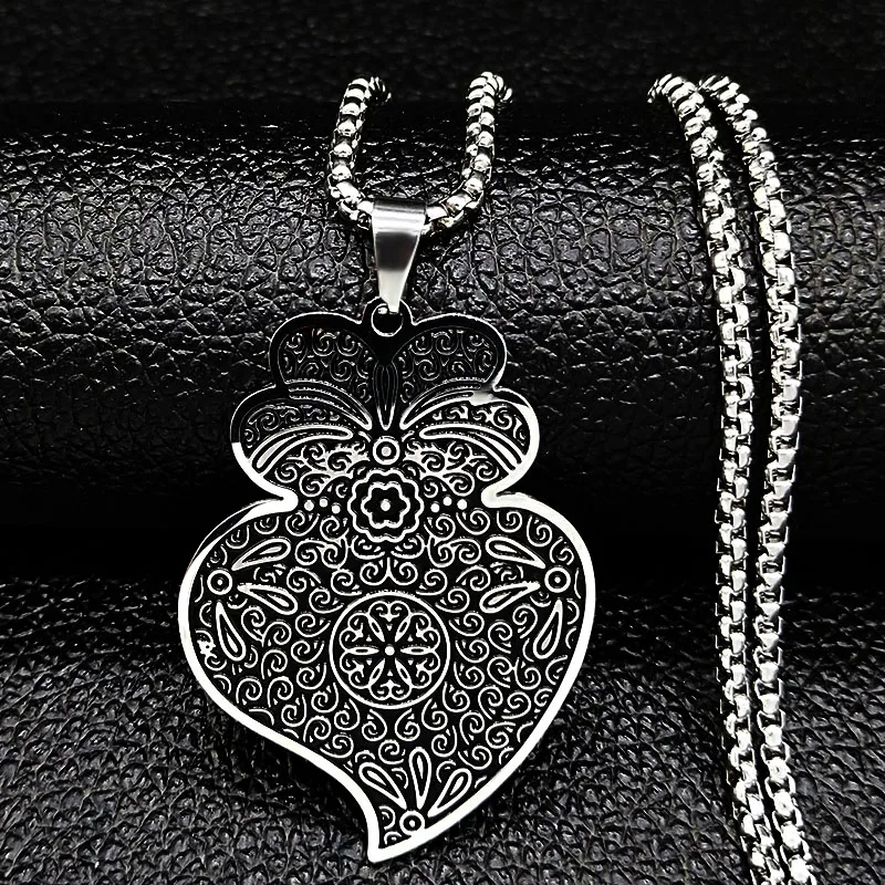 Portugal Folk Viana Heart Flower Pendant Necklace for Women Men Stainless Steel Silver Color Chain Jewelry coração de viana QKC