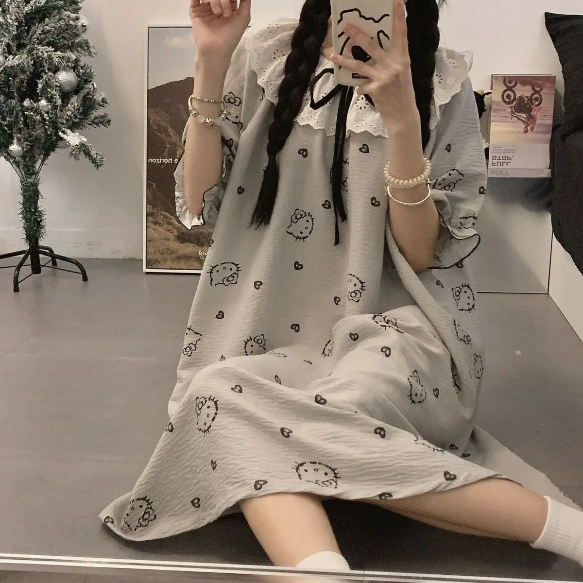 

Пижамное платье Sanrio Hello Kitty, женская одежда, модная ночная юбка, летняя ночная рубашка с короткими рукавами, длинные платья, одежда для сна, домашняя одежда