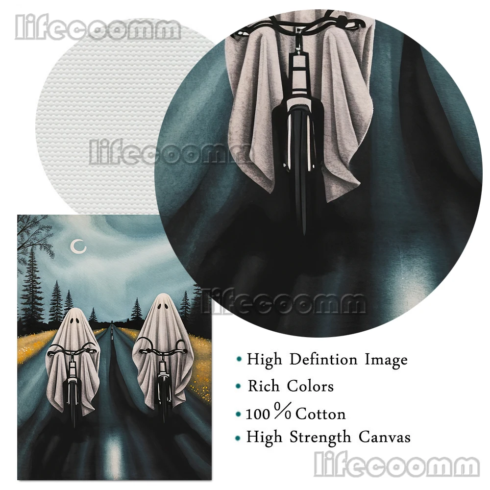 أشباح على الدراجات والأشباح في الغابة خمر الرسم على لوحات القماش الجدارية ورقة بيضاء شبح ملصق فني وطباعة ديكور المنزل #6