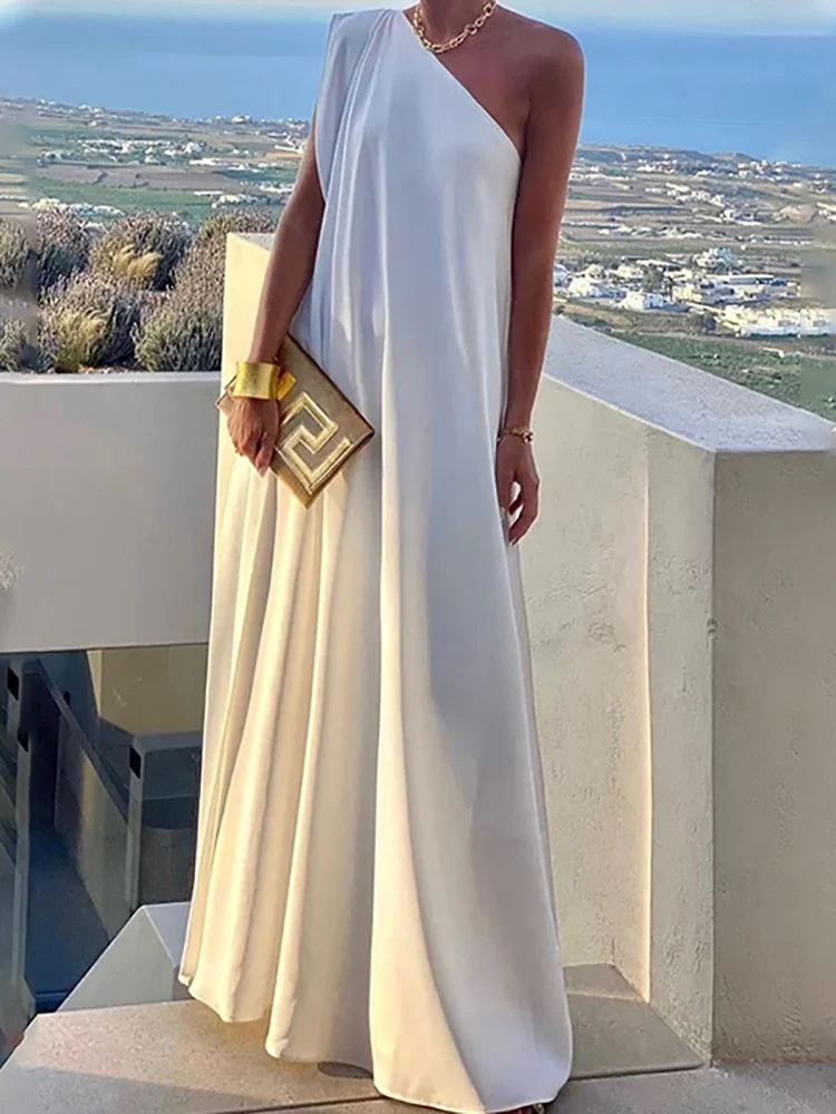 Luźny krój kobiet na plaży jednolita sukienka na co dzień kobiece lato z sukienka na ramiona ukośnym kołnierzem Streetwear Maxi Dress Vestido