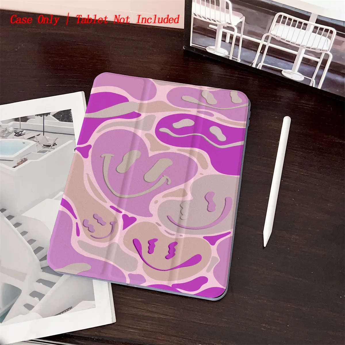 

360 ° Чехол для iPad с вращающейся подставкой, тройной чехол, совместимый с Air/Pro/mini. С фиолетовым рисунком смайлика в форме сердца. Противокапельная оболочка.