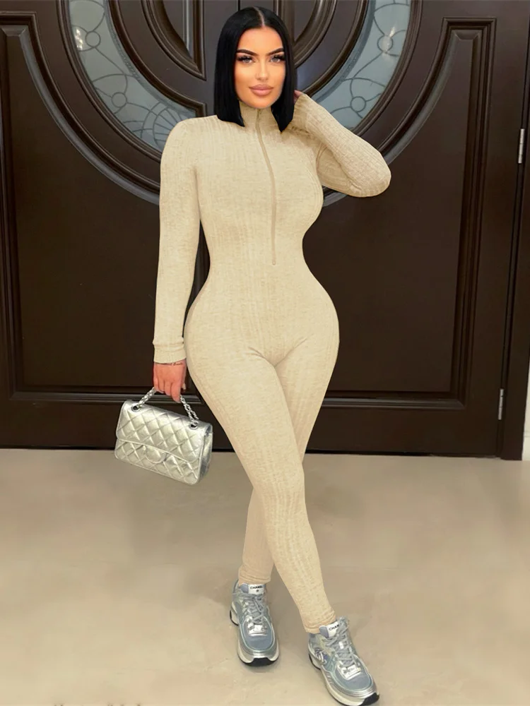 

Cutnew Sporty Turtleneck Jumpsuit Women Zip Long Sleeve Stretch Skinny Streetwear Activity Classic Fitness Workout Overalls