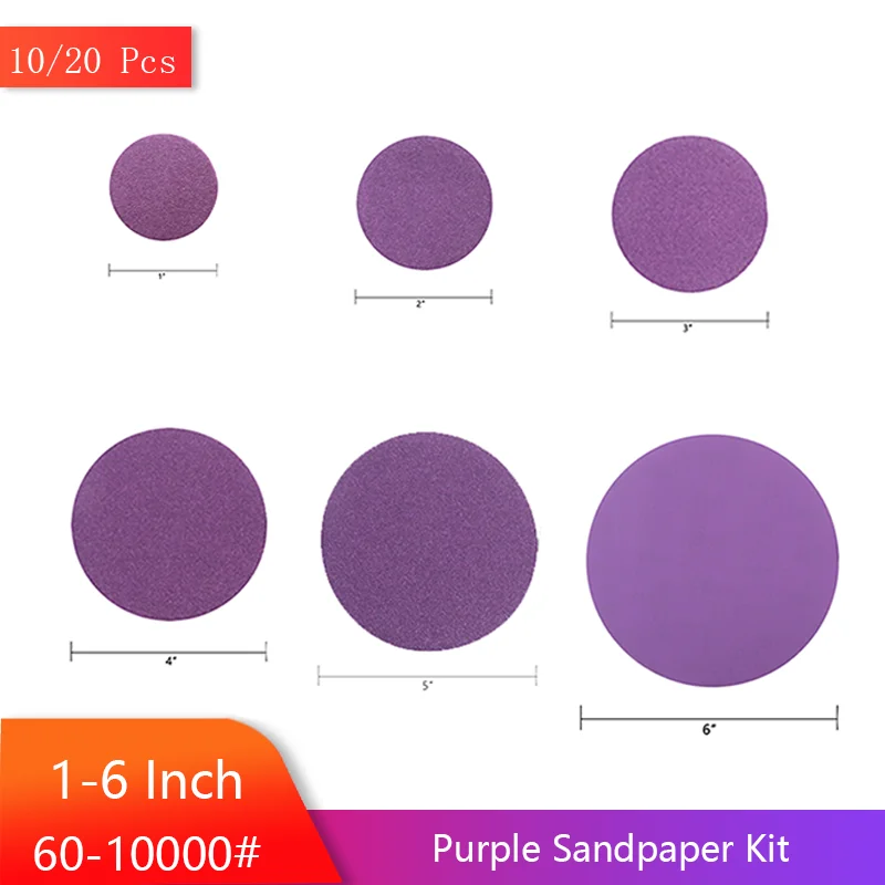 1-6Inch 25-150MM Purple Sanding Paper Kit 10/20 Pcs Aluminum Oxide Assorted 60-10000 Grit for Grinding Wood and Metal