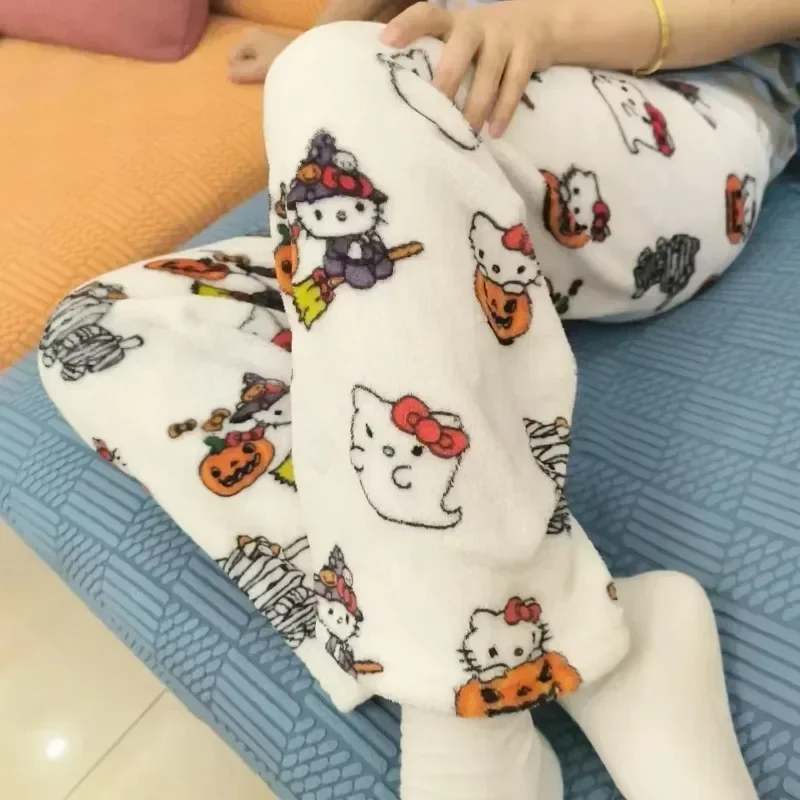 Sanrio Halloween  Pajama Pants  Anime Figure Hello Kitty  Fleece Double Elastic Fabric Soft Women Trousers Christmas Gifts