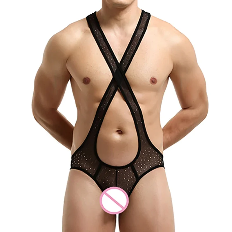 

Mens Mesh Bodysuits Jockstrap Undershirts Hollow Out Jumpsuits Leotard Wrestling Singlets Underwear Open Butt Catsuits One-piece